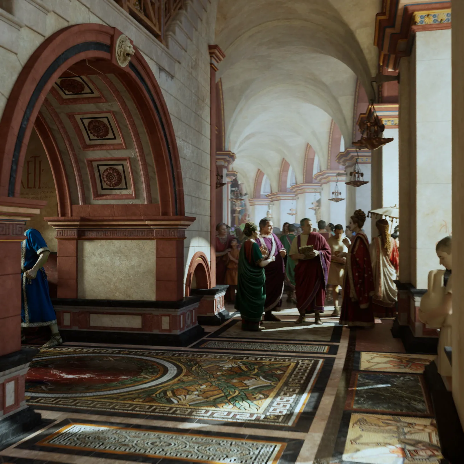 An entrance hall of the Colosseum in coloured marble and mosaic, spectators walking through in daylight.