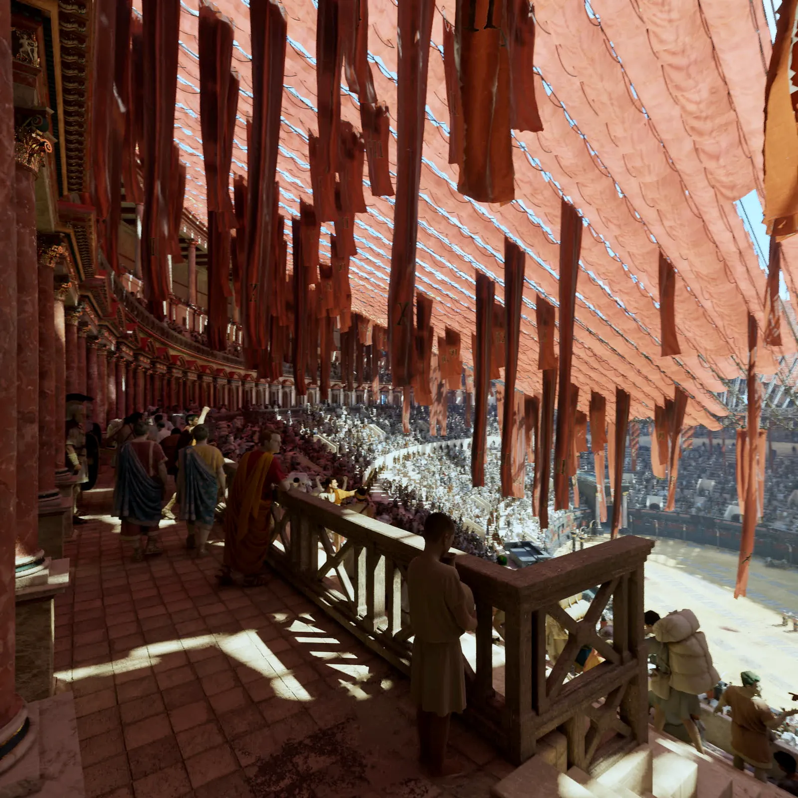The tiers of the Colosseum under the velarium, spectators in the shade of the red awning, the packed arena beyond.