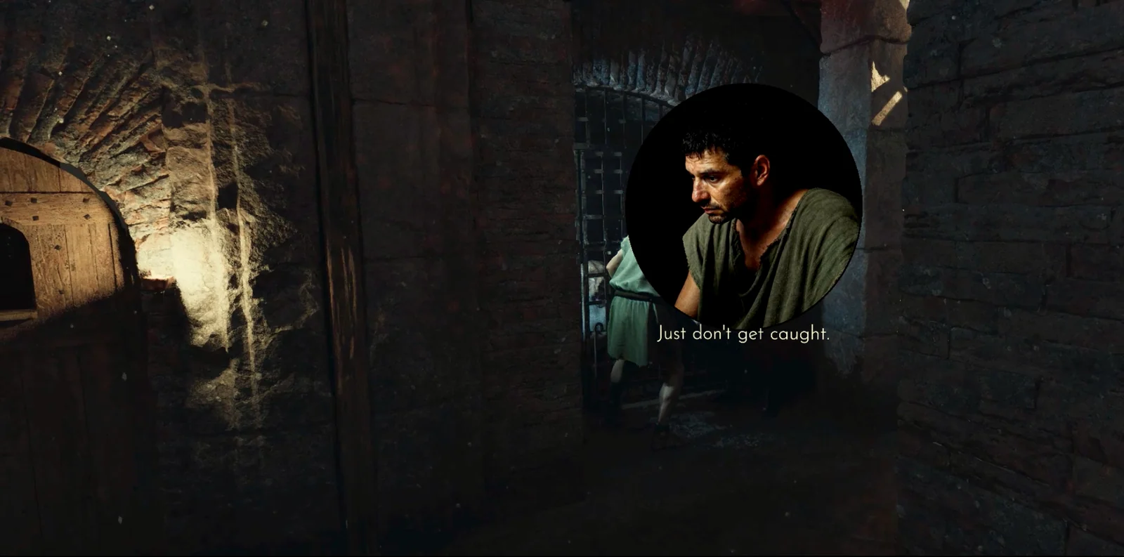 A corridor beneath the arena; in a circular window a man looks aside while his spoken thought appears as a line of text.
