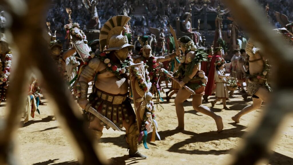 Gladiators and attendants cross the sand of the Colosseum in the pompa, seen from behind the animal cages of the hypogeum, Rome 192 AD